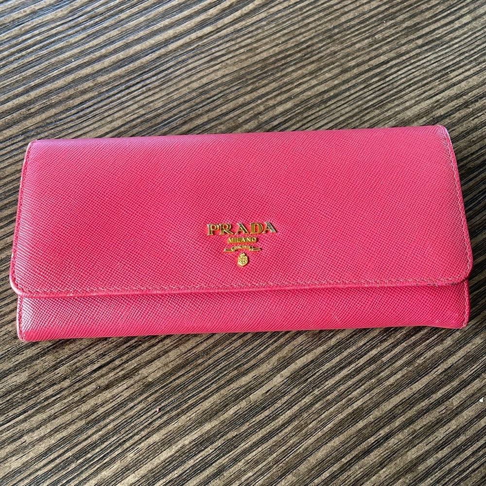 Prada Hot Pink Saffiano Leather Continental Wallet with Gold Logo